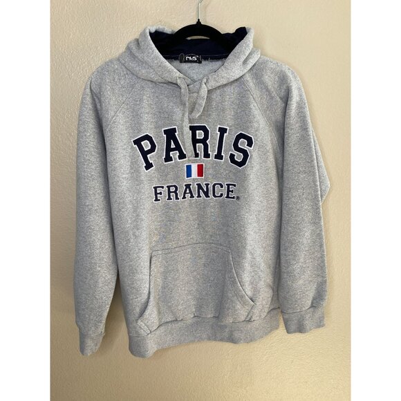 Paris France Gray Hooded Sweatshirt L Front Graphic Pullover Soft Cotton Blend - Picture 2 of 6